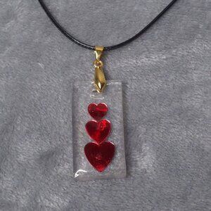 Handmade Red Heart In Resin Pendant Necklace 18 in Black Cord Gold Clasp Gift